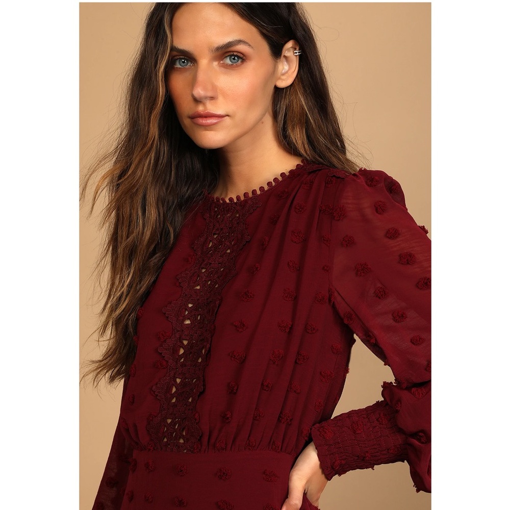 Lulus Lust or Love Wine Red Embroidered Lace Long Dress Size Large NWTS - Picture 3 of 6